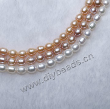 9-10mm rice-shaped natural pearl white pink purple pearl for sale, sold per pkg of 5 strands