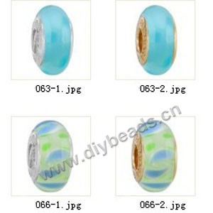 Bead,big-hole beads ,lampworked glass with silver-finished brass grommets,mixed colors and designs,6x12mm-8x14mm rondelle ,4mm spiral hole,sold per pkg of 4ps
