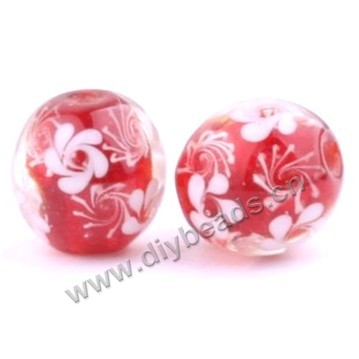 Bead, lampworked glass,red with flower, 16x16mm round.mini order 50pc 