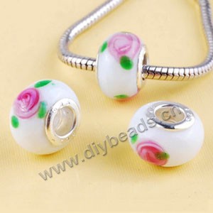 Bead,big-hole beads ,lampworked glass with silver-finished brass ,white/pink/green,10x14mm rondelle with flower,5mm hole,sold per pkg of 10ps