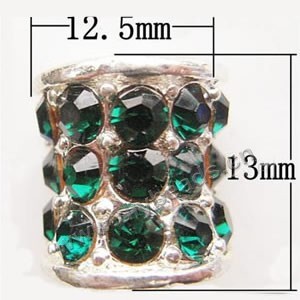 Bead, big-hole beads,pewter ,green, 12.5x13mm  tube with rhinestone, 6mm hole. Sold per pkg of 10ps