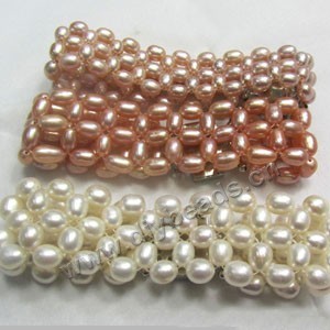 Bracelet,cultured freshwater pearl ,white/peach/mauve, 7-8mm rice,weaved multiple-layers, 7 inch with 3-strand box clasp. Sold per pkg of 6ps.