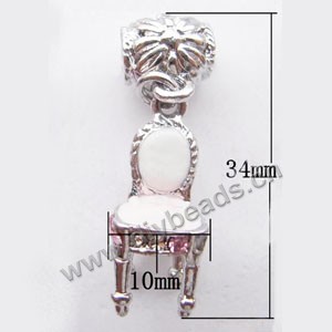Charm, big-hole beads,silver-plated pewter and enameled , white, 10x34mm chair with rhinestone, 5mm hole. Sold per pkg of 10ps