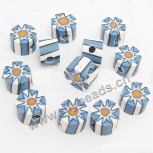 Bead, polymer clay, white/blue, 6x4mm double-sided flat round with flower. Sold per pkg of 24.
