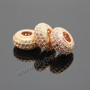 Bead,big-hole beads,rose gold plated copper,12x6mm rondelle with cz stone,Sold per pkg of 5ps