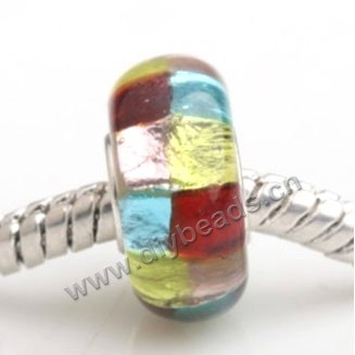 Bead, big-hole beads,Lampworked glass and silver-plated brass grommet,multicoloured,14x7mm rondelle with 4.5 mm hole,sold per pkg of 50ps