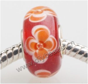 Bead, big-hole beads,	Lampworked glass and silver-plated brass grommet,red with flower, 14x7mm rondelle with 4.5 mm hole,sold per pkg of 50ps