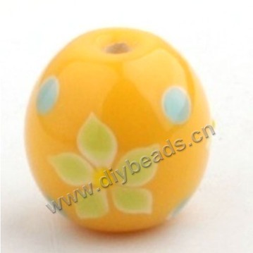 Bead, lampworked glass,yellow with flower, 18x18mm round.mini order 50pc 