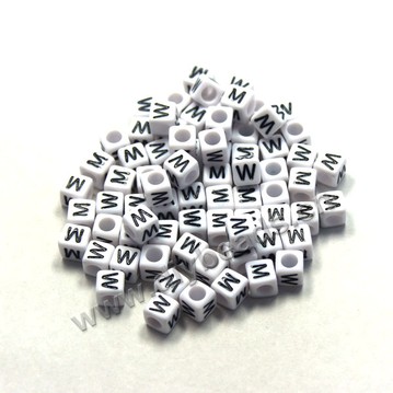 Bead, acrylic,White,alphabet is W, 6x6mm cube with 3.5mm drill hole. Sold per pkg of 100ps