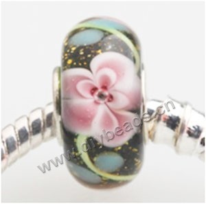 Bead,big-hole beads ,Lampworked glass and 925 sterling silver,black with flower,14x7mm ,rondelleand ,4.5mm hole,sold per pkg of 50ps