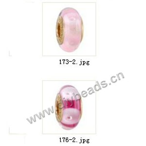 Bead,big-hole beads ,lampworked glass with brass grommets,mixed colors and designs,6x12mm-8x14mm rondelle ,4mm spiral hole,sold per pkg of 10ps