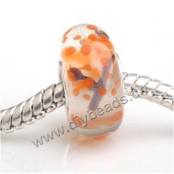 Bead, big-hole beads,Lampworked glass and 925 sterling silver grommet,mixed colors,14x7mm rondelle with 4.5 mm hole,sold per pkg of 50ps