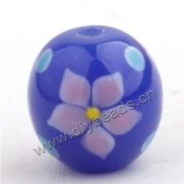 Bead, lampworked glass,purple with flower, 18x18mm round.mini order 50pc 