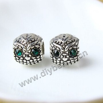 Bead,big-hole beads,alloy,10x12mm,owl design,zircon,Sold per pkg of 50ps