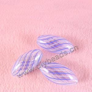 Bead, hand-blown glass, clear with white/blue line, 25x12mm hollow oval. Sold per pkg of 10