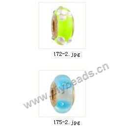 Bead,big-hole beads ,lampworked glass with silver-finished brass grommets,mixed colors and designs,6x12mm-8x14mm rondelle ,4mm spiral hole,sold per pkg of 10ps
