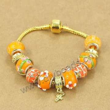 Bracelet,alloy and lampwork glass,yellow ,large hole beads,Sold per package of 1 piece