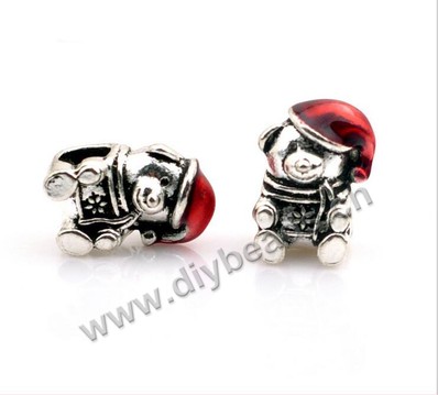 Bead,big-hole beads,metal alloy,Christmas style with red teddy bear,Sold per pkg of 10ps
