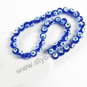Bead , lampworked glass, opaque blue, 10mm double-sided round with wards off the evil eye design. Sold per pkg of (4) 15-inch strand.