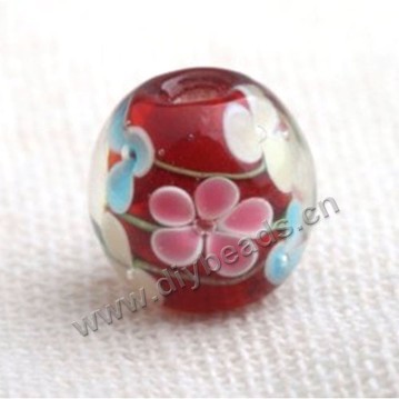 Bead,Japan lampworked glass,red with flower, 12x12mm round.mini order 100pc 