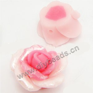 Bead, polymer clay, pink with peach, pearl luster,20mm rose. Sold per pkg of 12.