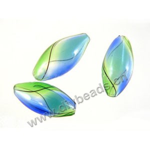 Bead, hand-blown glass, blue/green, 23x11mm hollow oval. Sold per pkg of 10