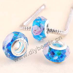 Bead,big-hole beads ,lampworked glass with silver-finished brass ,turquoise blue/pink,9x14mm faceted rondelle with flower,4.5mm hole,sold per pkg of 10ps