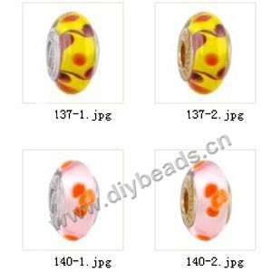 Bead,big-hole beads ,lampworked glass with silver-finished brass grommets,mixed colors and designs,6x12mm-8x14mm rondelle ,4mm spiral hole,sold per pkg of 10ps
