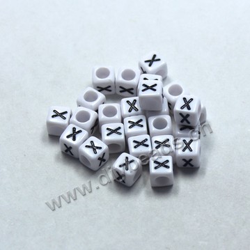 Bead, acrylic,White,alphabet is X, 6x6mm cube with 3.5mm drill hole. Sold per pkg of 100ps