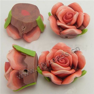 Bead, polymer clay, peach with brown, 18mm rose. Sold per pkg of 12.