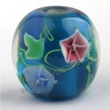 Bead, lampworked glass,blue with flower, 20x20mm round.mini order 50pc 