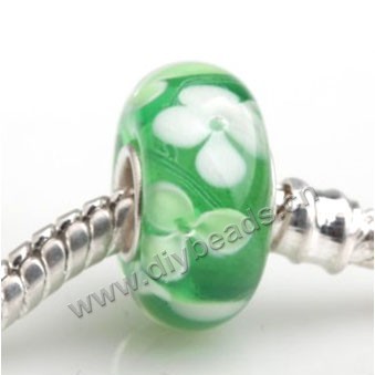 Bead, big-hole beads,Lampworked glass and silver-plated brass grommet,green with flower,14x7mm rondelle with 4.5 mm hole,sold per pkg of 50ps