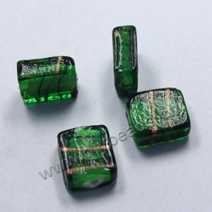 Bead, lampworked glass,green, 16x14mm flat rectangle with swirl. Sold per pkg of 500.