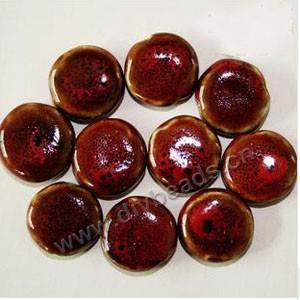 Bead, fancy glaze porcelain, honey and dark red, 20mm flat round. Sold per pkg of 30 beads 