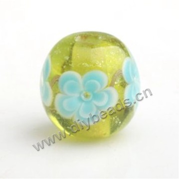 Bead,Japan lampworked glass,green with flower, 14x14mm round.mini order 100pc 