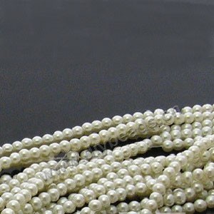 Bead, glass pearl,silver color, 4mm round. 16inch length, Sold per pkg of 20 strands.