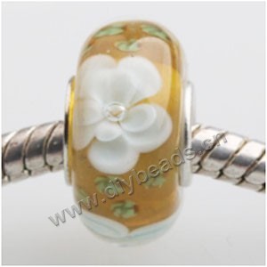 Bead, big-hole beads,Lampworked glass and 925 sterling silver grommet,yellow with flower, 14x7mm rondelle with 4.5 mm hole,sold per pkg of 50ps