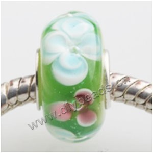 Bead, big-hole beads,Lampworked glass and 925 sterling silver grommet,green with flower, 14x7mm rondelle with 4.5 mm hole,sold per pkg of 50ps