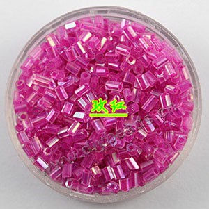 Bugle bead, glass,rainbow ,fuchsia ,#1 (2x2mm)beads. Sold per pkg of 80 grams,approximately 4,500ps.