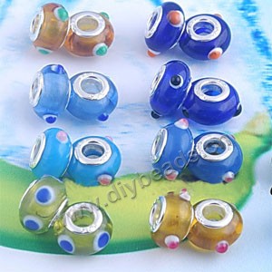 Bead,big-hole beads ,lampworked glass with silver-finished brass ,multicolored,10x14mm rondelle with 5mm hole,sold per pkg of 20ps