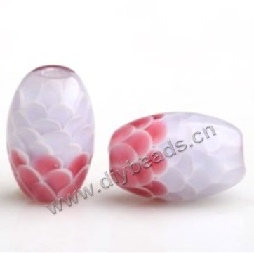 Bead,lampworked glass,red with white, 15*10mm oval with fish scale design. Sold per pkg of 5.