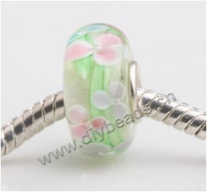 Bead, big-hole beads,	Lampworked glass and silver-plated brass grommet,transparent with flower, 14x7mm rondelle with 4.5 mm hole,sold per pkg of 50ps