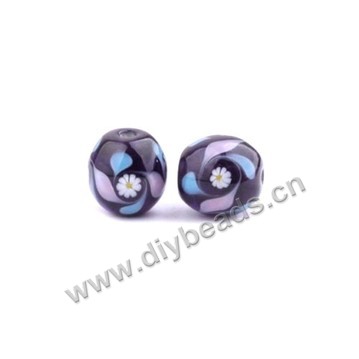 Bead, lampworked glass,purple with flower, 16x16mm round.mini order 50pc 