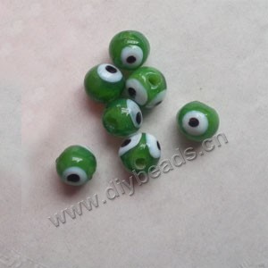 Bead, lampworked glass,green, 8mm round with 3 wards off  evil eye design. Sold per pkg of 20.