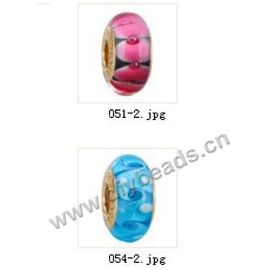Bead,big-hole beads ,lampworked glass with silver-finished brass grommets,mixed colors and designs,6x12mm-8x14mm rondelle ,4mm spiral hole,sold per pkg of 10ps