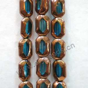 Bead, copper-plated glass, turquoise blue, 12x9mm rectangle. Sold per pkg of ten 16-inch strand.
