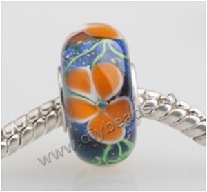 Bead, big-hole beads,Lampworked glass and 925 sterling silver grommet,blue with flower, 14x7mm rondelle with 4.5 mm hole,sold per pkg of 50ps