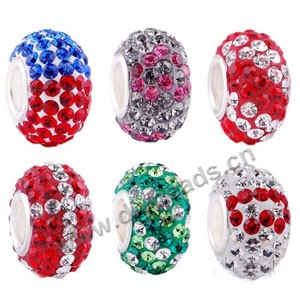 Bead, big-hole beads,clay rhinestone and silver-finshed brass grommet, multicolored, 6x12mm rondelle with 4 mm hole,sold 20ps