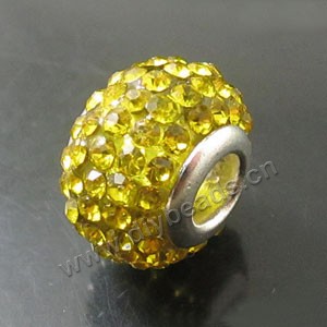 Bead, big-hole beads,pewter ,yellow, 14x10mm rondelle with rhinestone, 5mm hole. Sold per pkg of 10ps