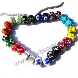 Bead mixed,big-hole lampworked glass beads with alloy grommets ,lampworked glass ,mixed colors,10x14mm rondelle with 5mm hole,sold per pkg of 500ps 